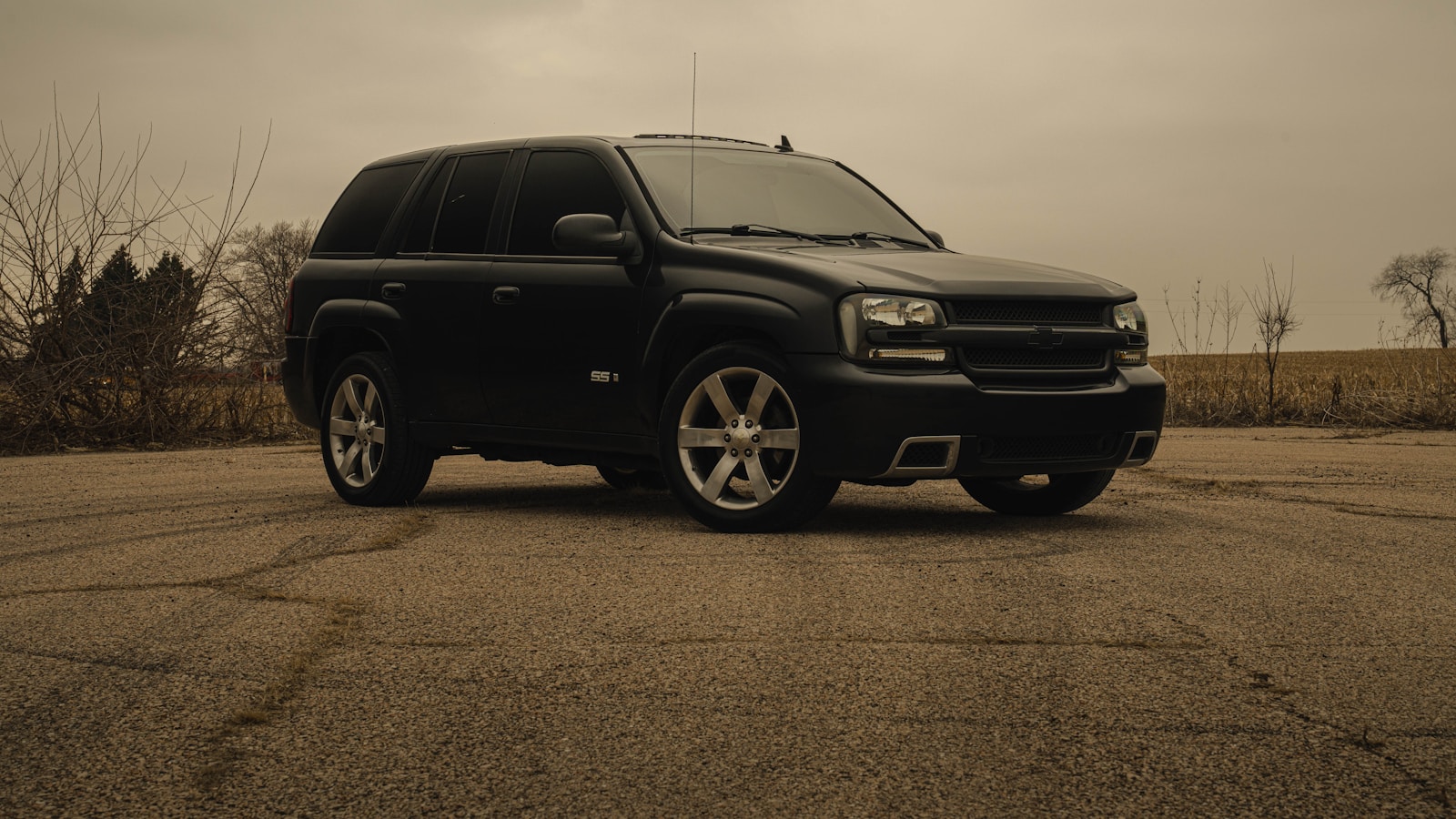 A dark SUV with blacked-out tinted windows at a three-quarter angle in daylight
