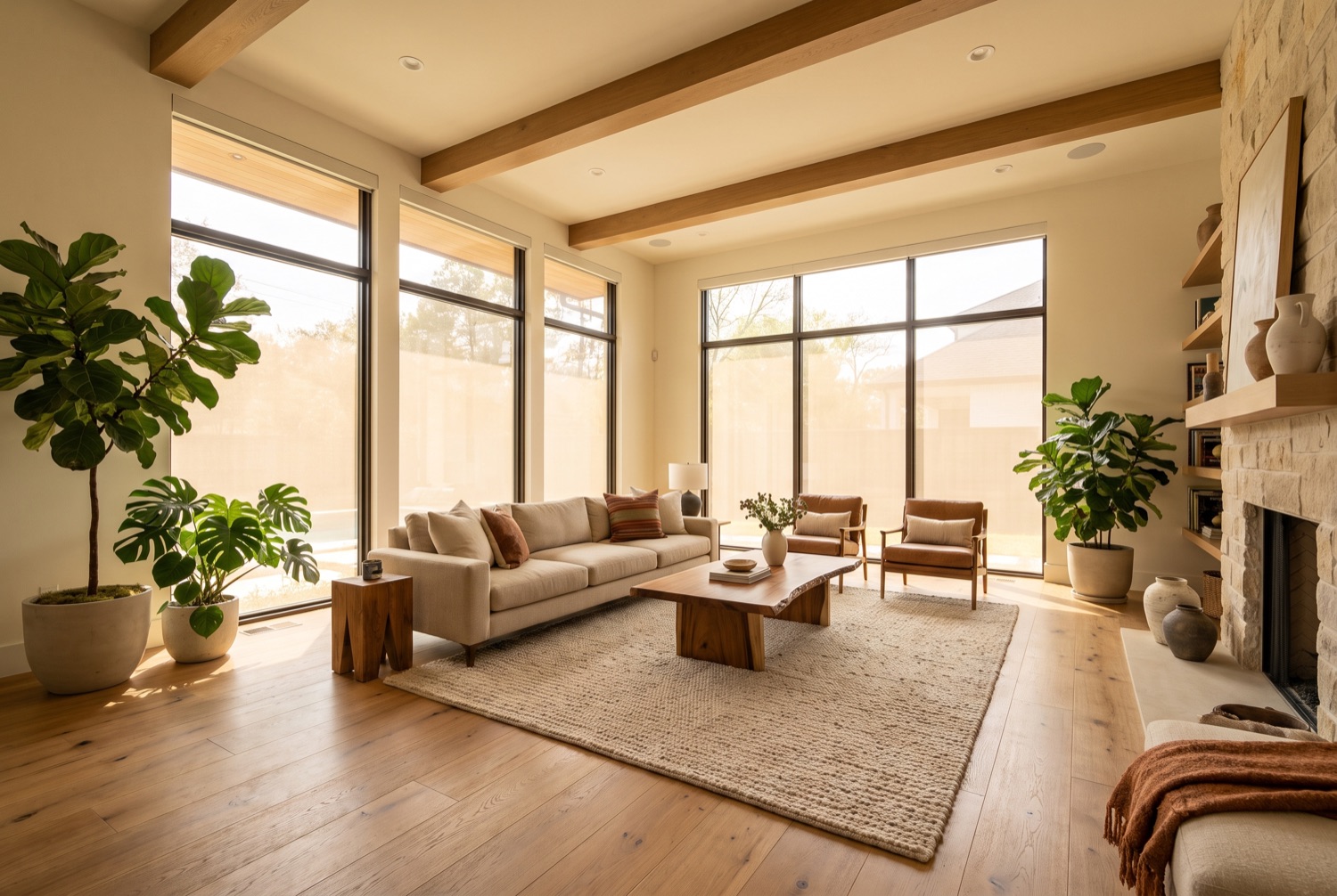 Sunlit living room with large windows treated with heat-control home window film